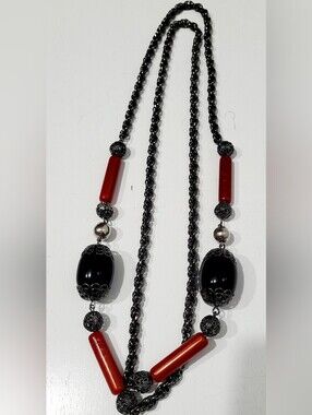 Red Black Long Statement Necklace Gunmetal Filigree Beaded Costume Jewelry